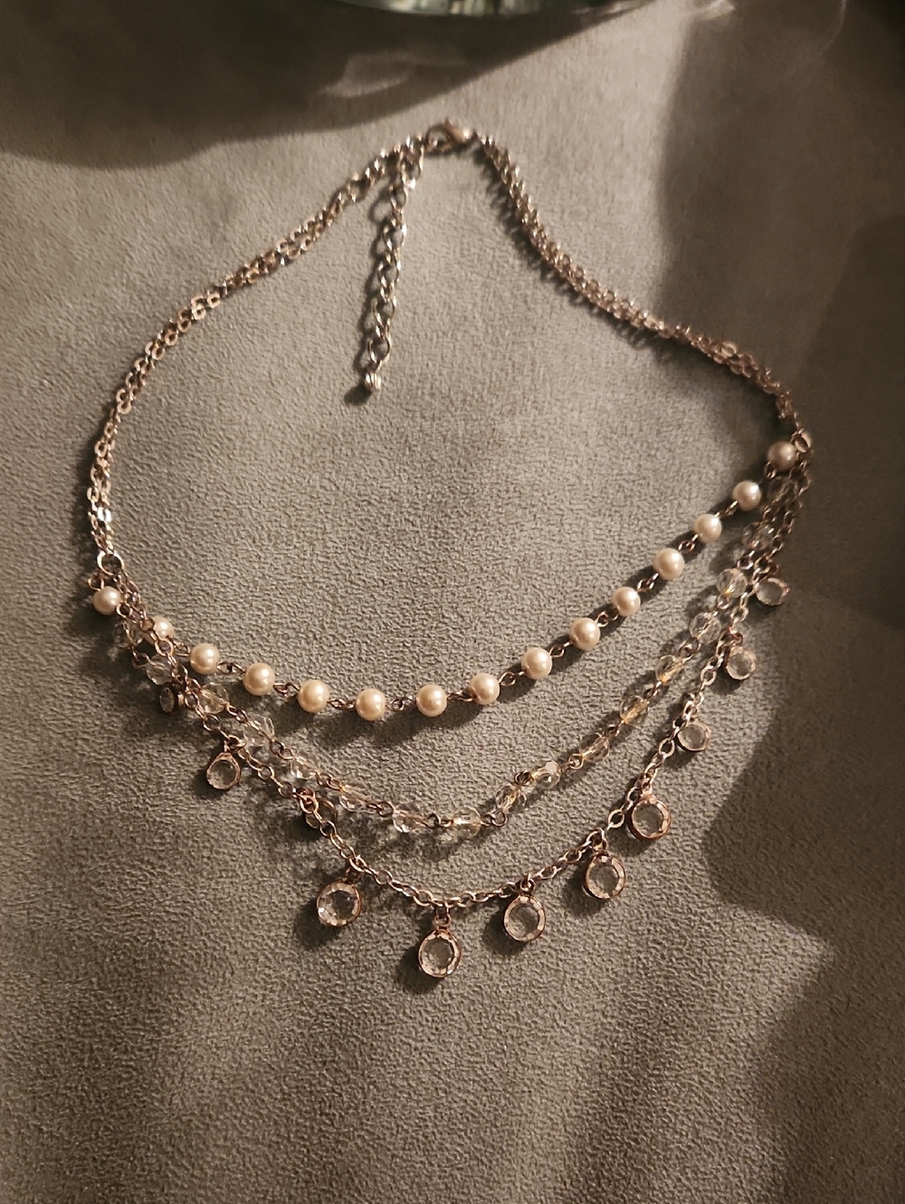 Layered Pearl and Crystal Drop Necklace - Rose Gold